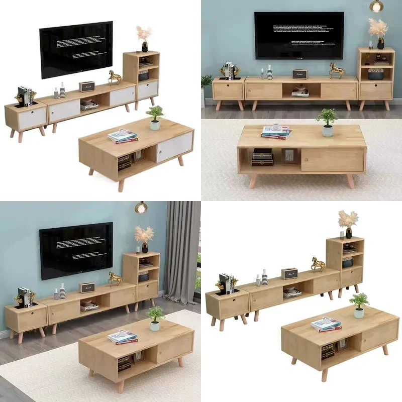 for All Solid Wood Pine TV Cabinet Floor to Ceiling Coffee Table Combination Simple Small Apartment Bedroom Living Room Wall