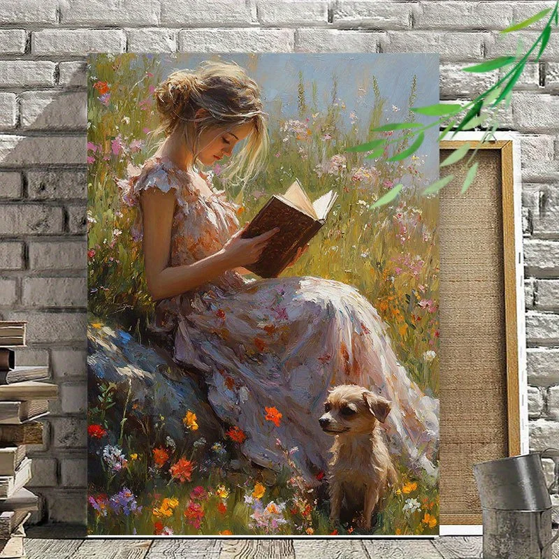 (No frame)1pc Vintage Floral Canvas Wall Art - Girl Reading with Dog in Flower Field, Wooden Framed Ready to Hang, Vibrant Co