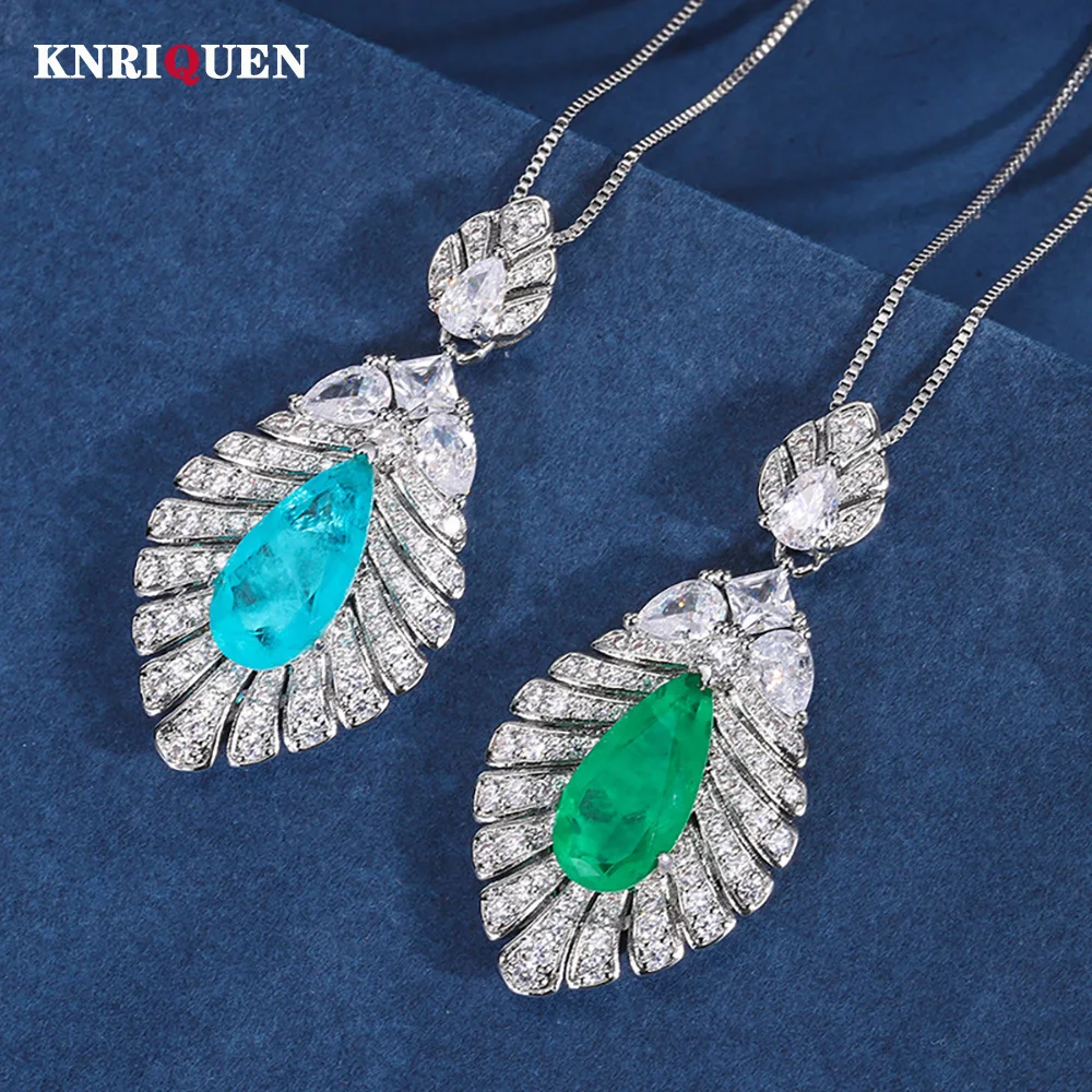 

Vintage 8*16mm Emerald Paraiba Tourmaline Leaf Pendant Necklace for Women Lab Diamond Gemstone Cocktail Party Fine Jewelry Gift