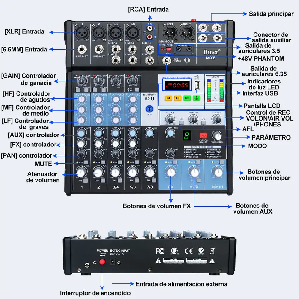 OEM MX8 Professional MP3 Computer Input 8 Channel Audio Mixer for Live Recording