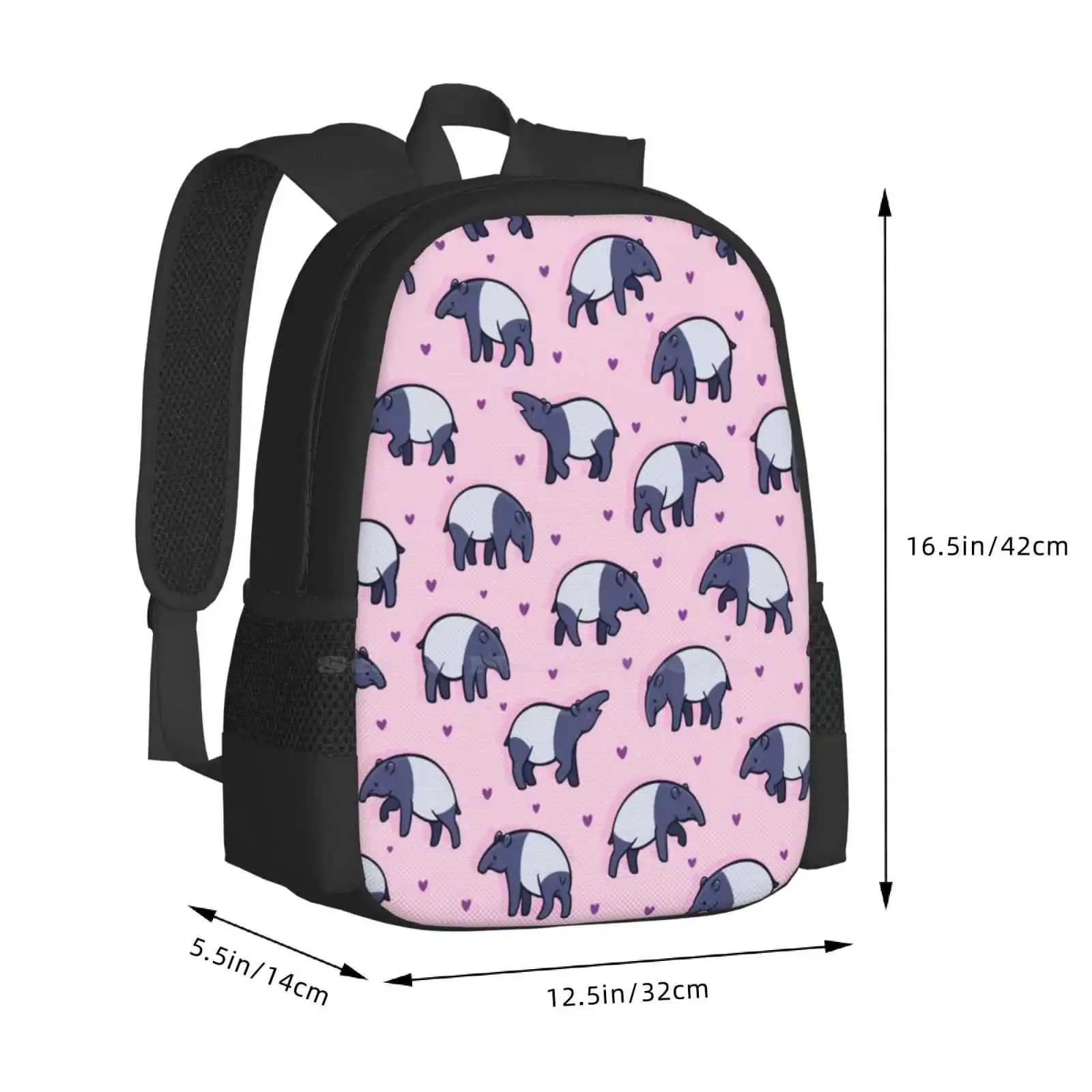 Tiny Tapirs School Bags Travel Laptop Backpack Tapirs Patterns Cute Cartoon Animals Pink Hearts Tapirus