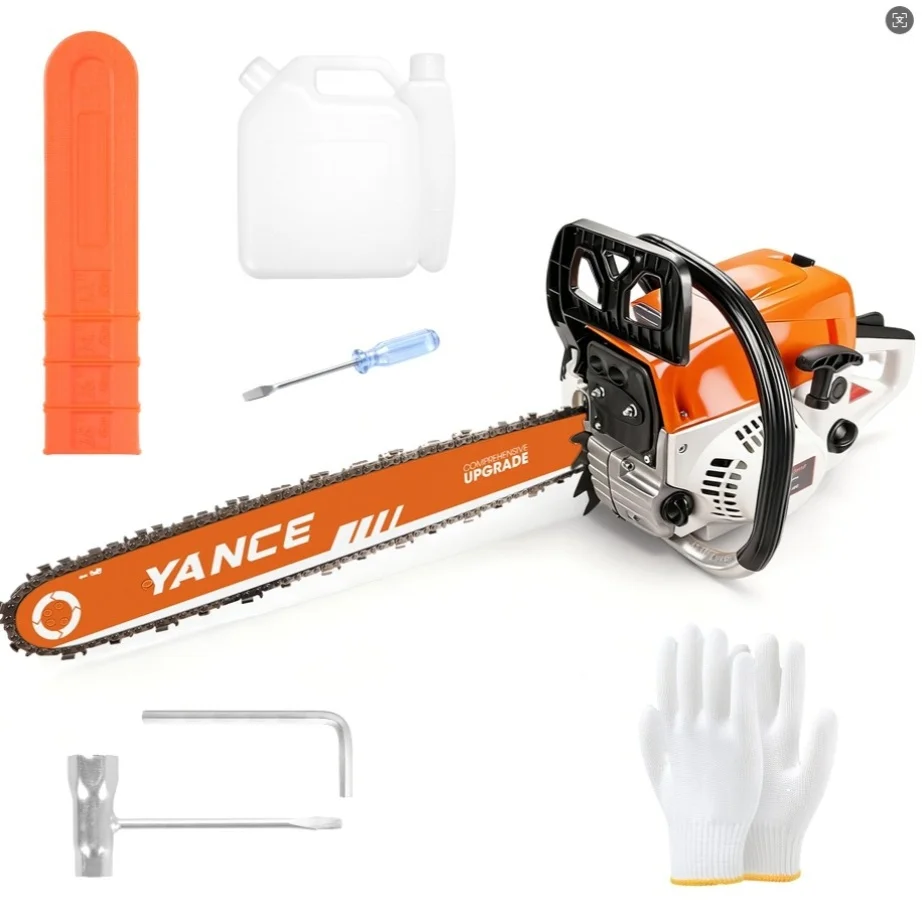 

Professional 62CC Gasoline Chainsaw 20 Inch Chain Powerful 2-Stroke Motor for Heavy Duty Wood Cutting Logging Farm Use Durable Quiet Safe with Anti-Vibration Handle Additions Included