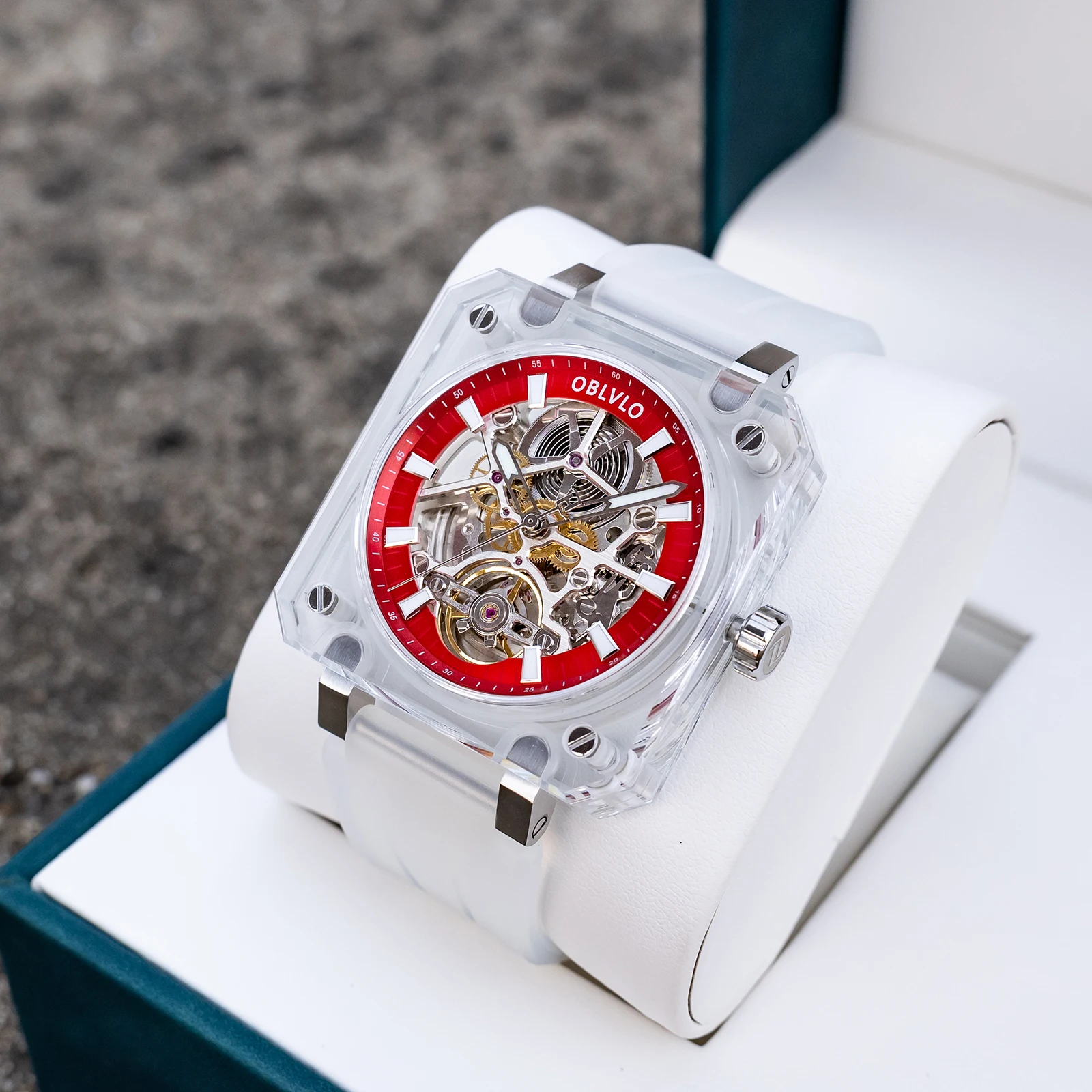 

OBLVLO Мужские автоматические часы с квадратным акриловым корпусом Механические наручные часы 5 бар Водонепроницаемые сапфировые светящиеся скелетонизированные циферблаты 1A00 Mov.