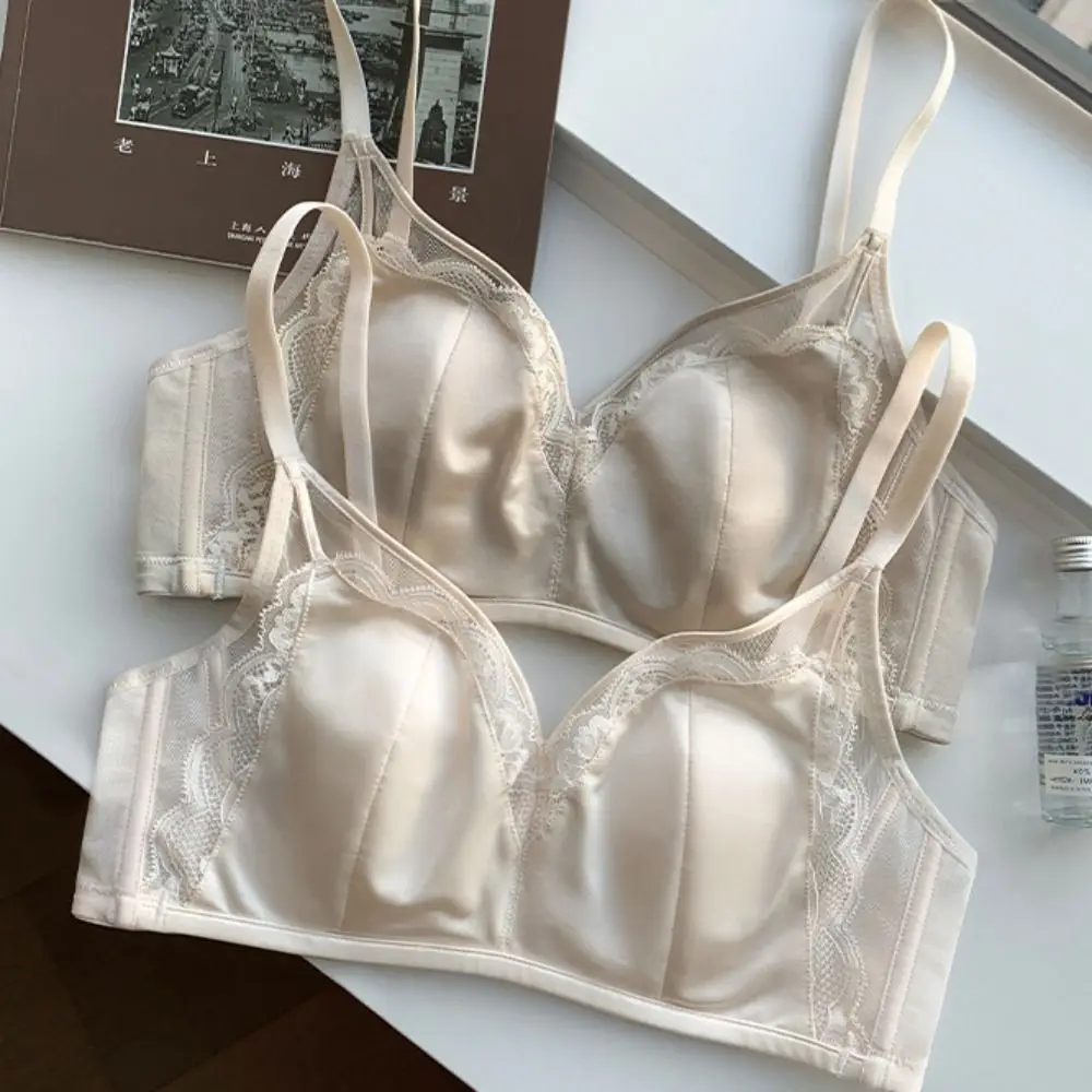 

Sweet Mesh Lace Bra Satin Silk Shockproof Push Up Underwear Close-fitting Lingerie Seamless Bras Girls
