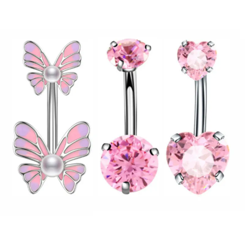3PCS Pink Crystal Belly Button Rings Set