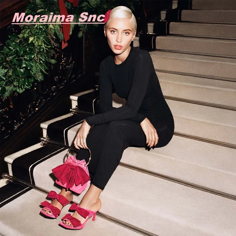 

Pink Flannel Band Bowknot Women Fashion Pumps New Pointed Toe Solid Luxury Stiletto Heel Sexy Hollow Sweet Runway Party Shoes