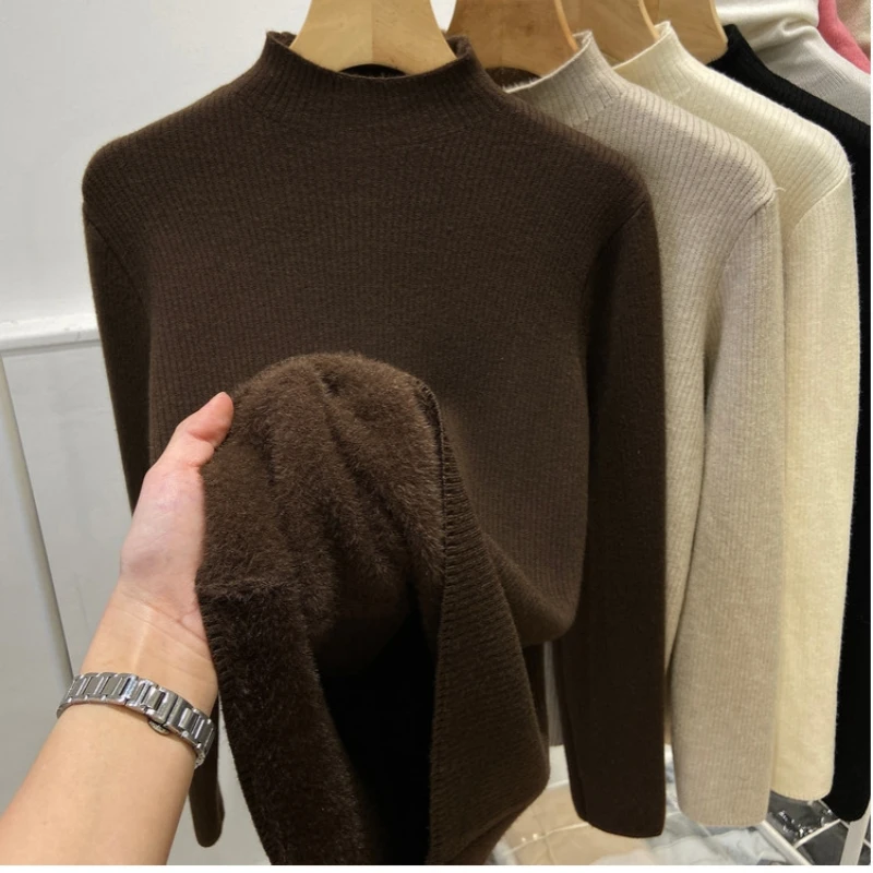 Turtleneck Winter Sweater Women Elegant Thicken Velvet Lined Warm Sueter Knitted Pullover Slim Tops Jersey Knitwear Jumper New