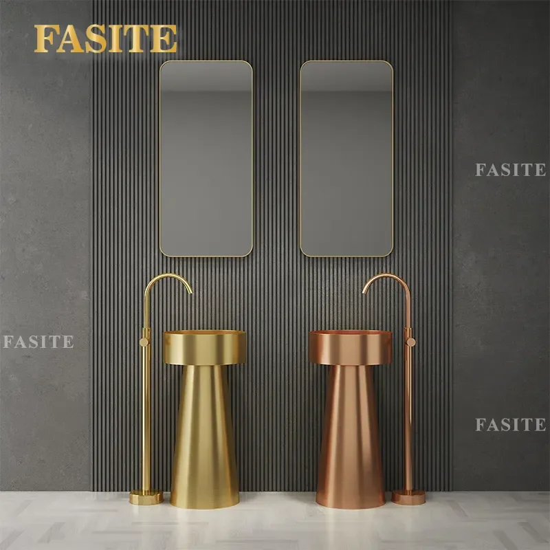 304 Stainless Steel Integrated Round Wash Basin Column Pedestal Sink for Hotel Bar KTV Bathroom Light Luxury High End Design