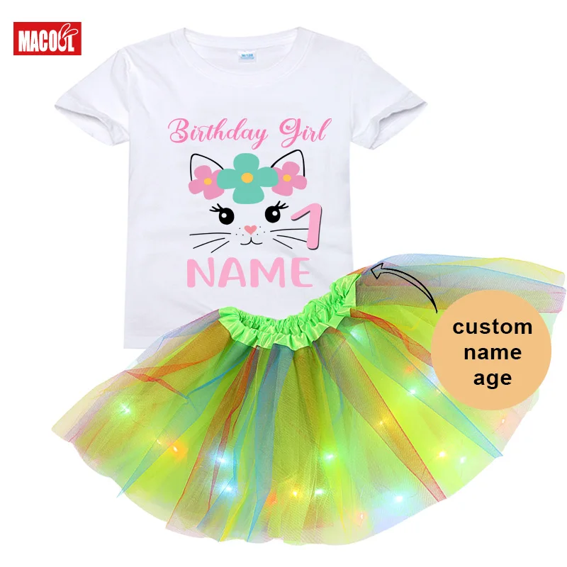 Girls Birthday Outfit Tutu T Shirt Sets cute tutu outfits Suit Rainbow Cat Birthday Party LED Lights tutu Party custom name sets