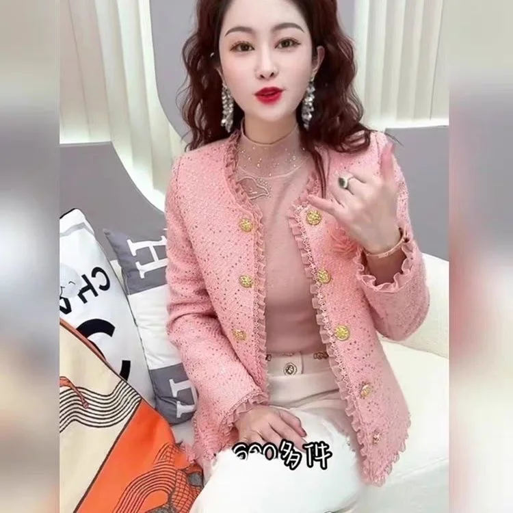 Fall New Style Retro Floral Embellished Short Open Cardigan Women's round Neck Bright Sequin Pink Floral 3D Design Outerwear