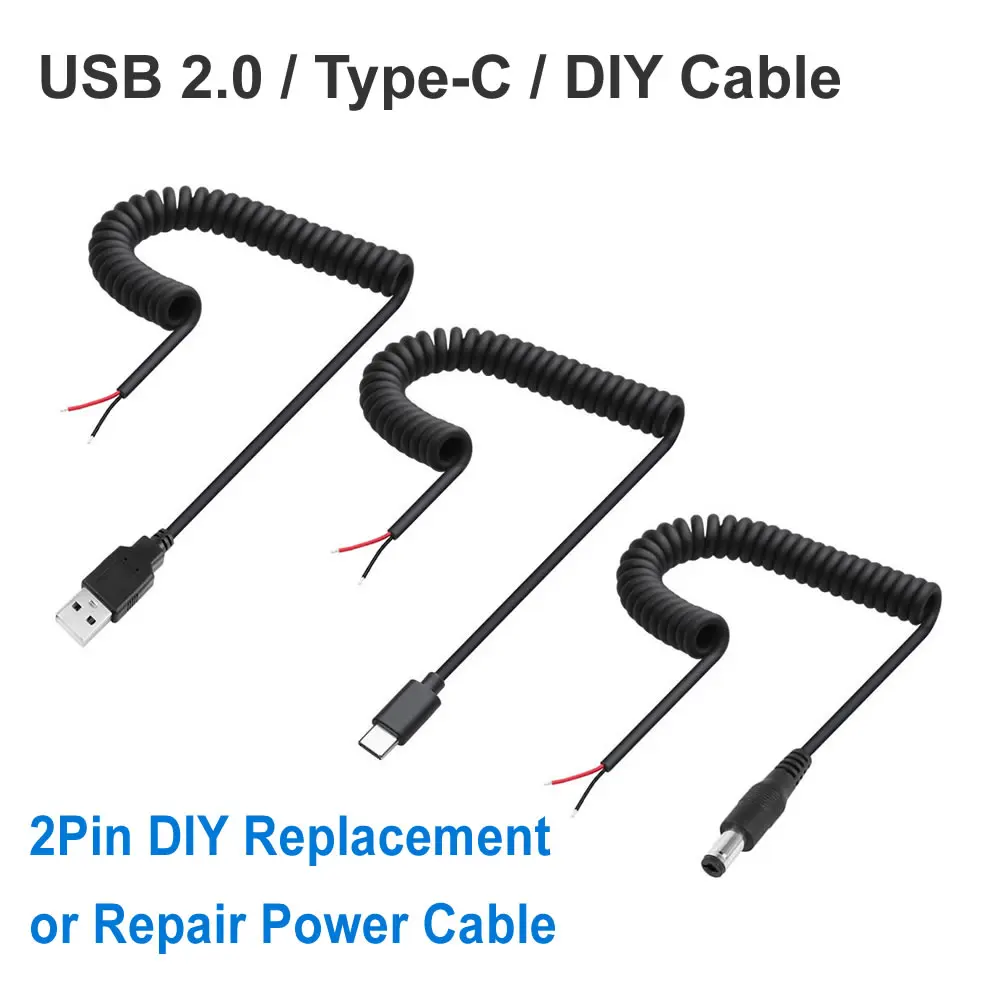 USB Type-C 2 Core Pigtail Cable, USB C to 2Pin Bare DIY Cable Extension Spring Coiled Power Cable DC 5.5 X 2.1 MM Charging Cord