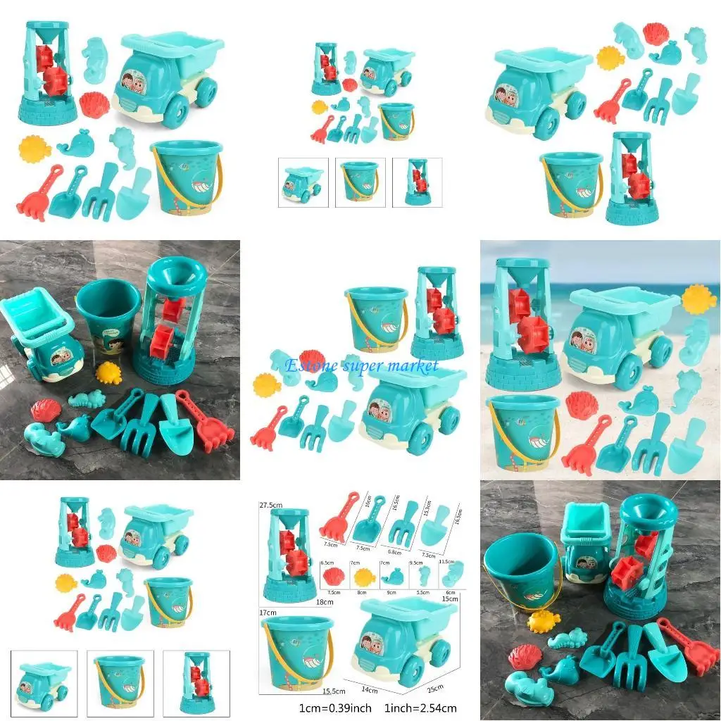 090bサンドトイビーチセットサンドホイール、トラック、バケツ、シャベル、レーキ、砂型の幼児用の建物キットを添えた12個