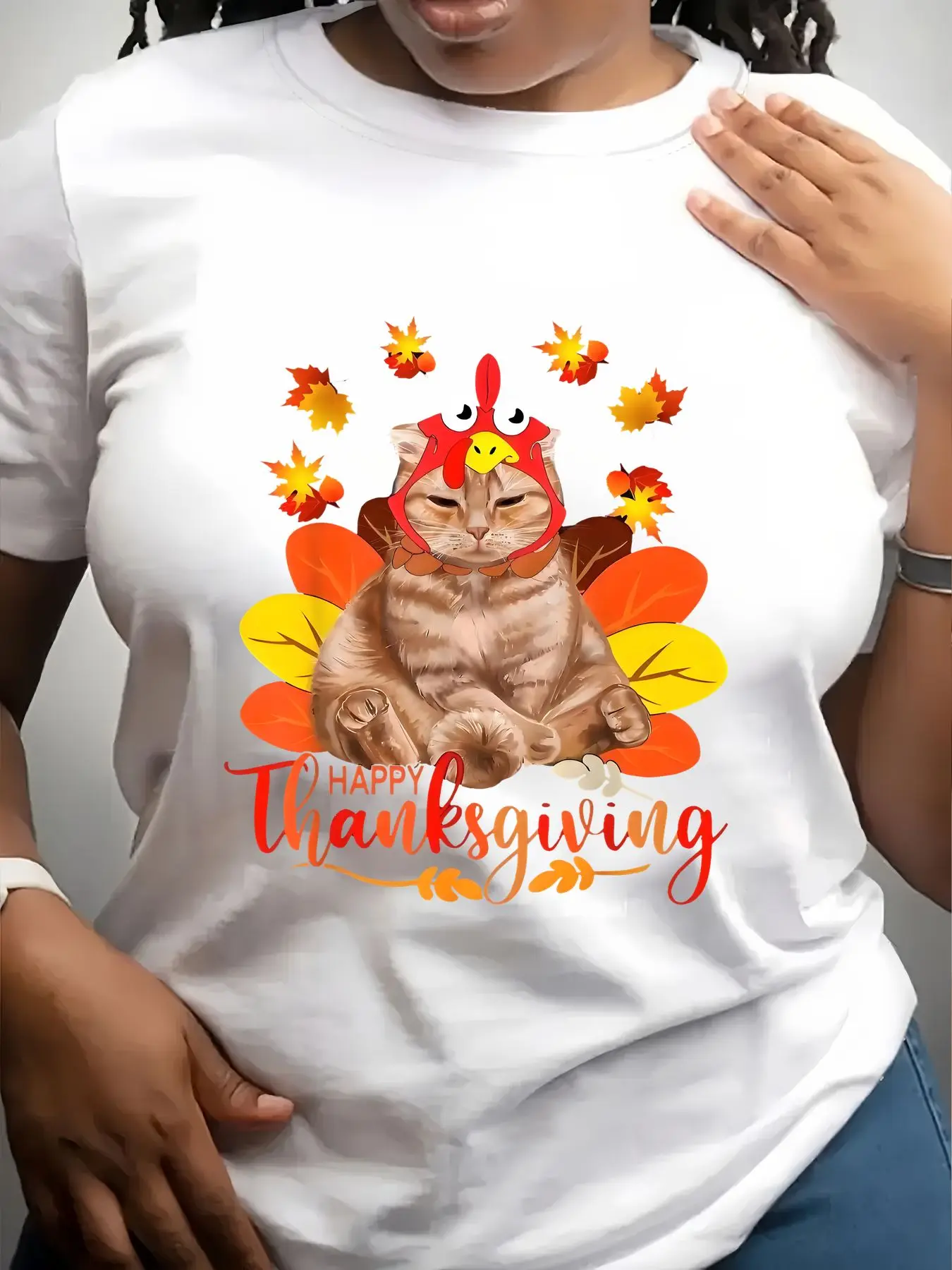 Women's Trendy Crew Neck T-Shirt Happy Thanksgiving Cat Turkey Design Suitable for Casual Sportswear