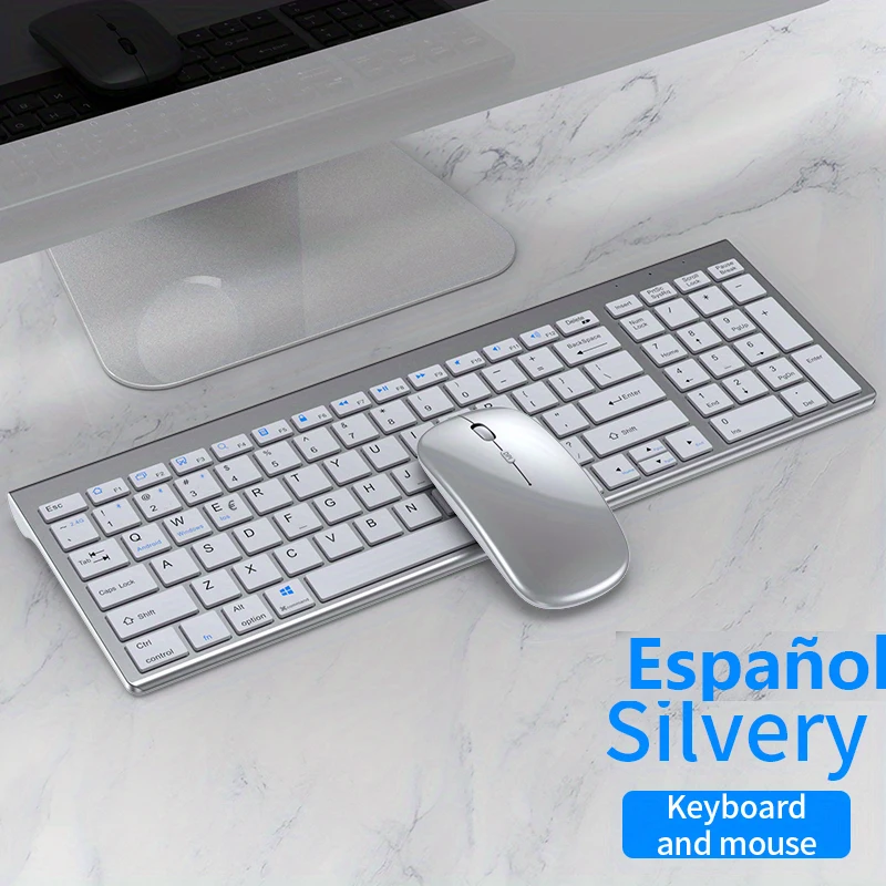 Jomaa Silver Spainish Keyboard and Mouse Set Bluetooth +2.4G Wireless Keyboard and Mouse Comb for Computer Laptop Slient Click