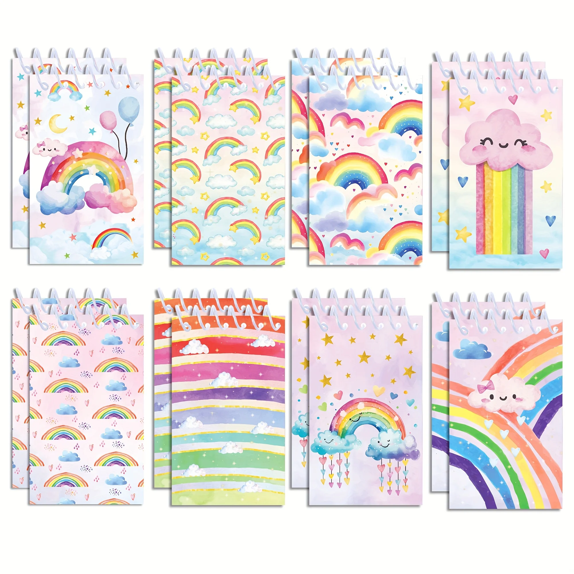 8/16 Pcs Cartoon Colorful Rainbow Cloud Design Mini Notebook Spiral Note Clip Pocket Notebook Birthday Gift For Party School