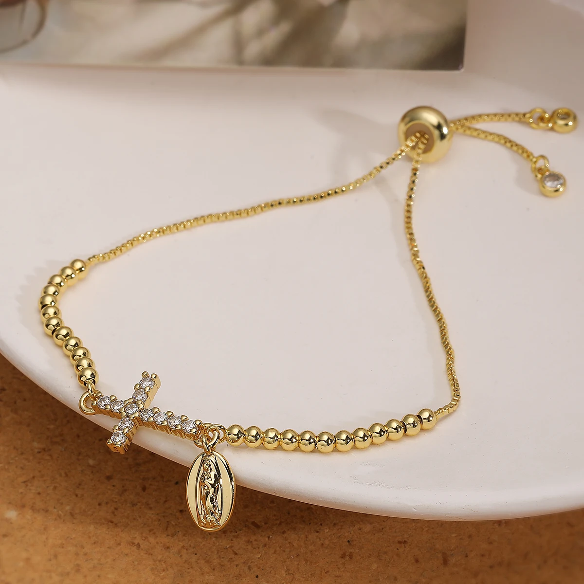 NEWBUY Gold Plated Beaded Bracelet 3 Styles CZ Cross & Virgin Mary Medal Charm Religious Stackable Wrist Jewelry