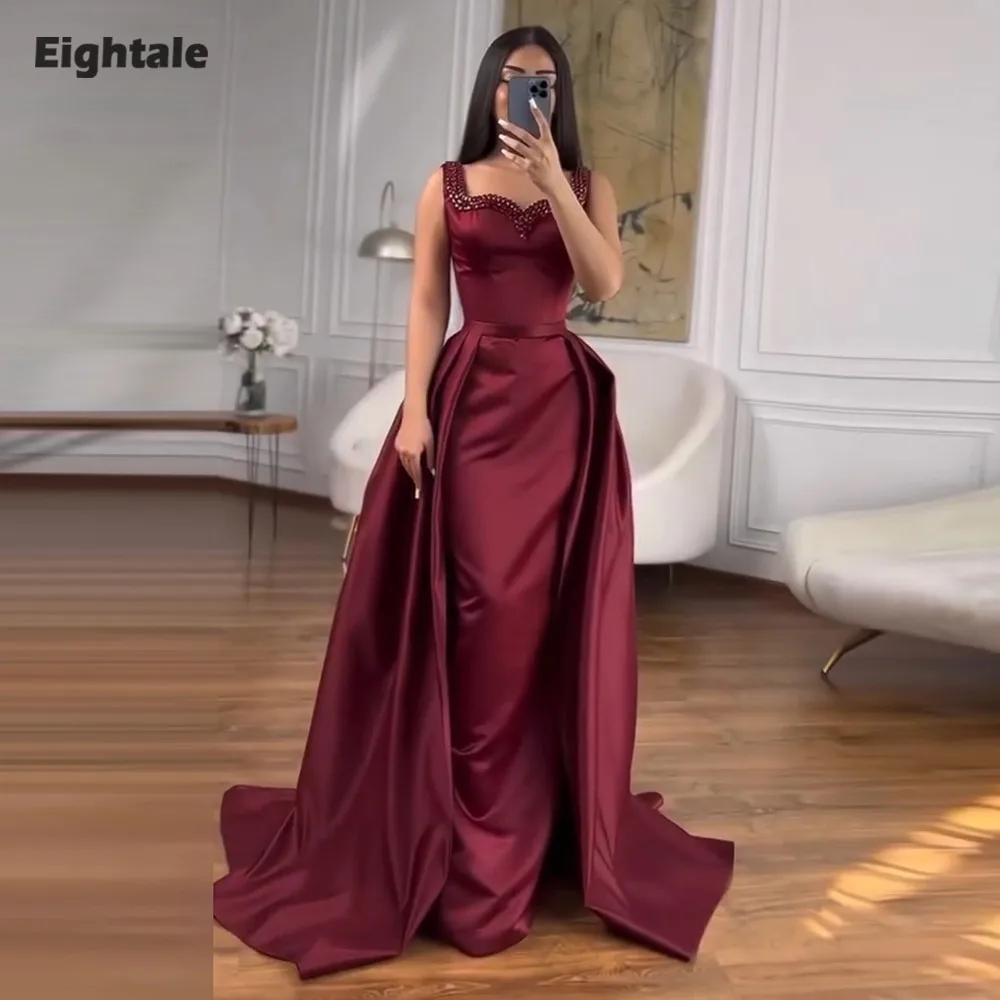 

Eightale Arabic Evening Dress Beaded with Rhinestones Customized Burgundy Prom Satin Wedding Party Gown Vestidos De Gala