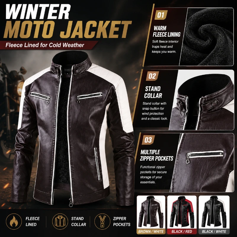 Men's Fleece Lined PU Leather Motorcycle Jacket Winter Warm Stand Collar Slim Fit Biker Coat with Zipper Pockets