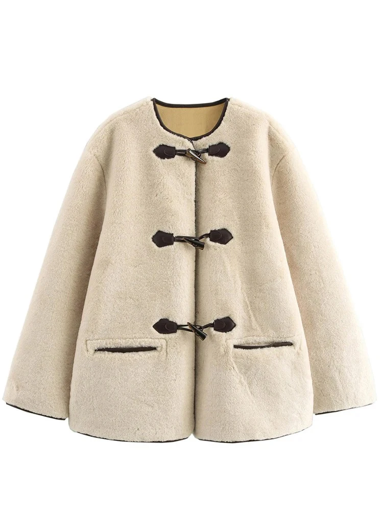 

Women's Fashion 2024 Autumn and Winter French Minimalist Solid Color Long Sleeve Chic Cowl Button Decoration Warm Jacket