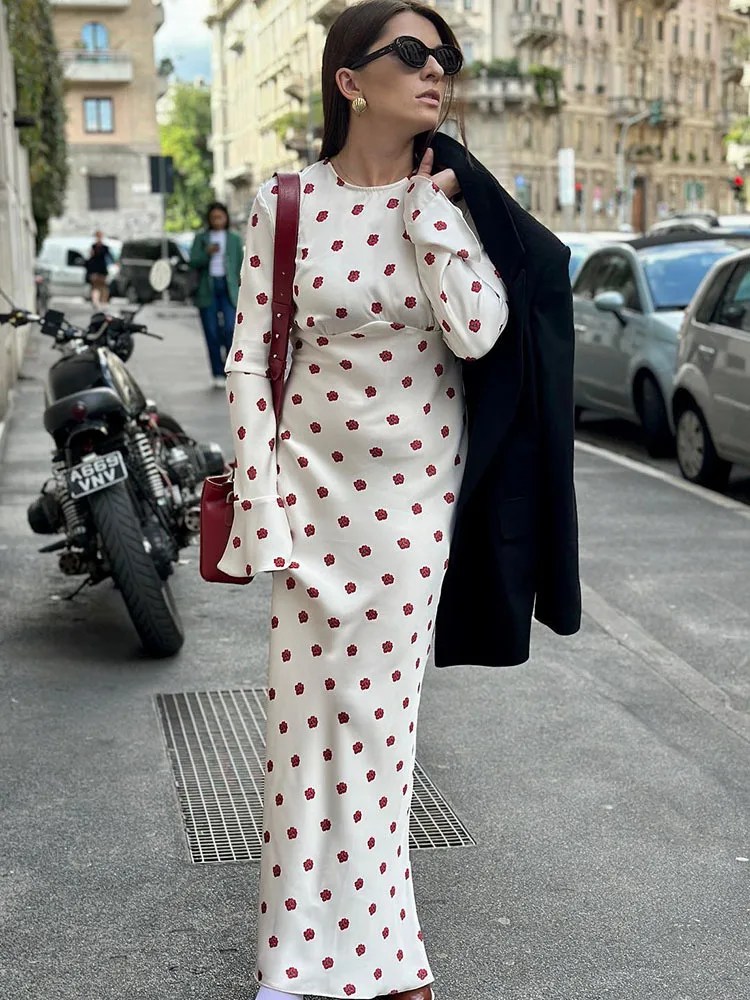 Aprabant-Maxi Vestido blanco estampado para mujer, cuello redondo, acampanado, manga larga, suelto, moda de otoño, informal, envuelto en la cadera