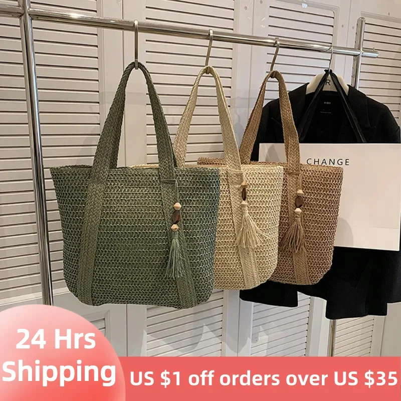 Summer Straw Bag for Women Handmade Woven Shoulder Bag Large Capacity Tote Bags with Pendant Armpit Bag Top-handle Handbag Purse