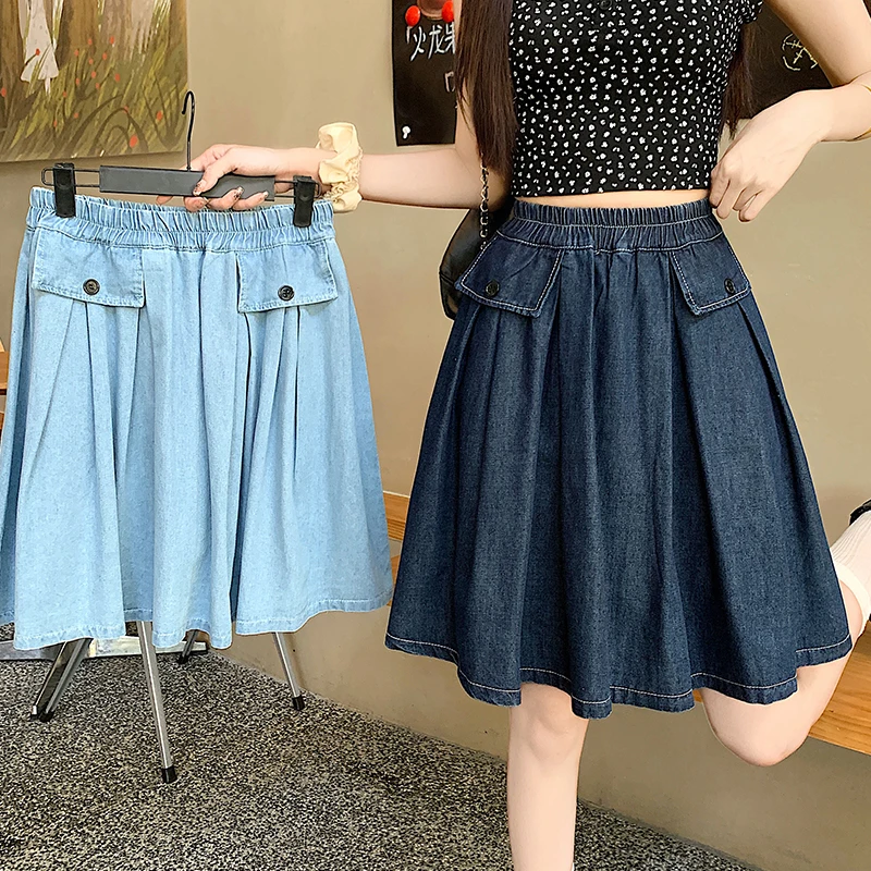 

Повседневные летние джинсовые юбки миди больших размеров, женские свободные трапециевидные юбки с оборками и шортами, джинсовые юбки с эластичной резинкой на талии, женские юбки