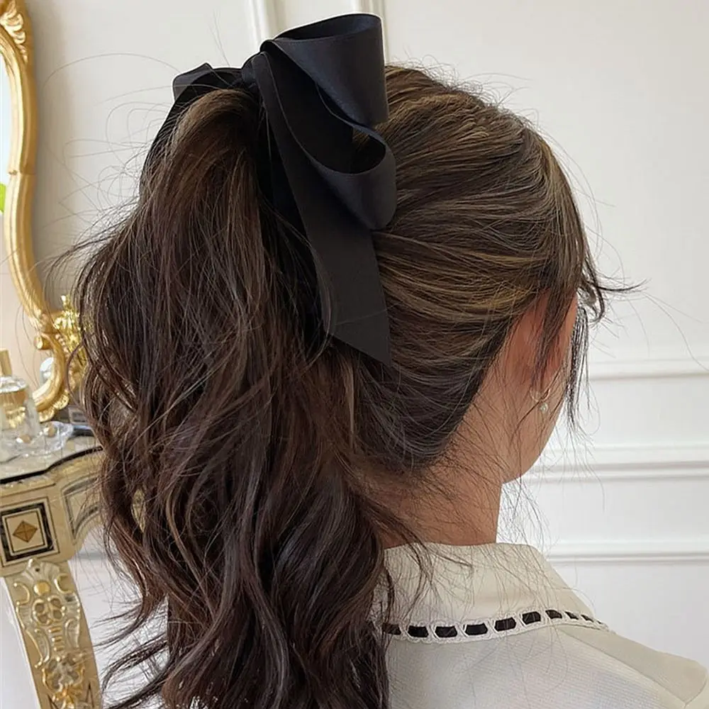 Satin Ribbon Bowknot Banana Clip para Mulheres, Ponytail Hairpin, Headdress, Acessórios de Cabelo, Coreano, Doce, Bonito, Vertical