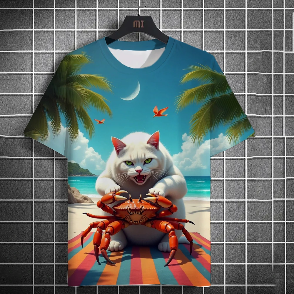 

Men's Orange Cat Ai T-shirt 3D Printed Beach Catching Fish Kitten Printed Short Sleeve T-shirt Daily Casual Round Neck T-shirt
