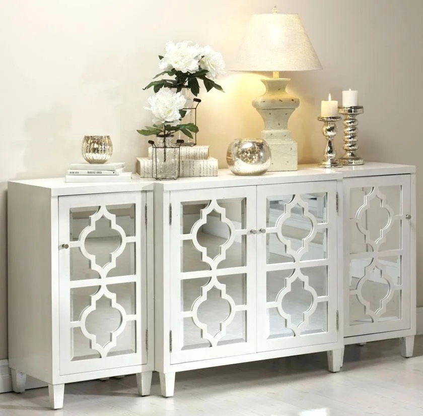 White wooden curved mirror TV stand, holding 55-inch TV for living room cabinet buffet