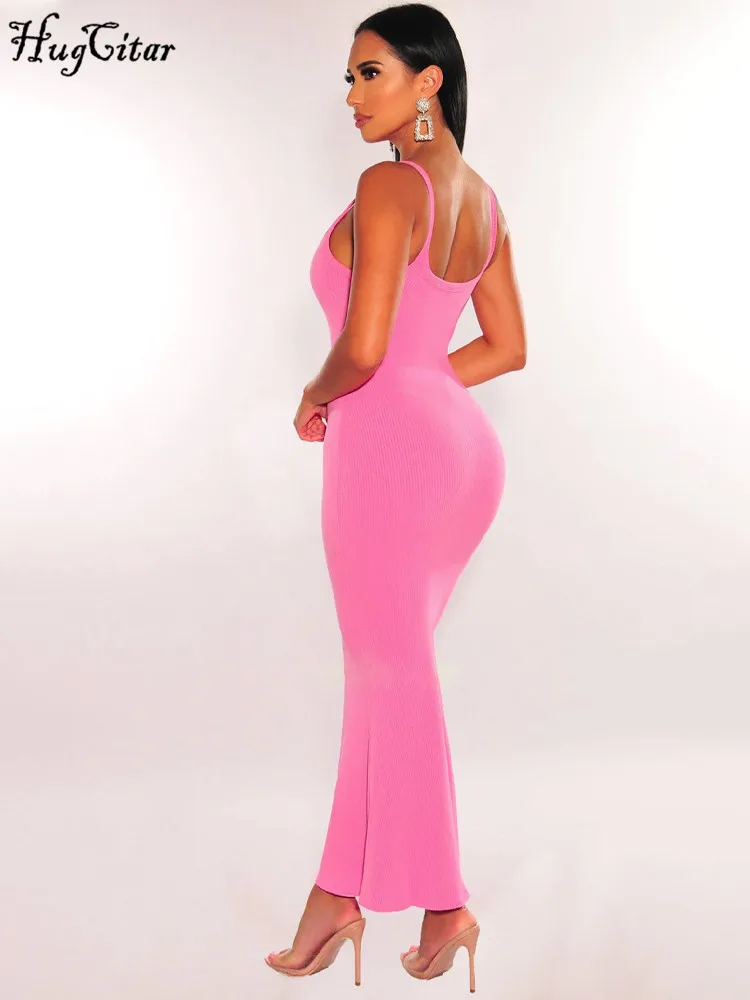 Hugcitar 2024 Elegant Ribbed Slips Solid Backless Sexy Bodycon Maxi Prom Dress Summer Women Fashion Outfit Party Vacation Y2K