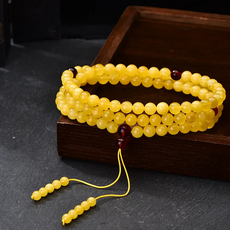 Natural Russian Beeswax Chicken Oil Yellow Buddha 7mm Necklace Dual-use 108 Beads Bracelet