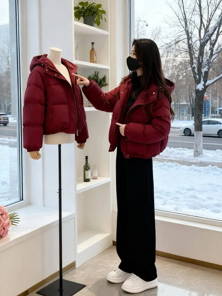 

Faionable ort Hooded Red Cotton Jaet Women's Winter Thiened Bread Sle Coat Korean Loose Fit Long Sve Zipper Closure