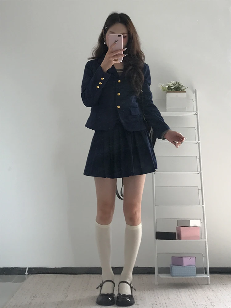 Minceur coréen collège Sle costume ensemble femmes automne nouveau k bleu costume Jaet jupe plissée deux pièces ensemble Faionable