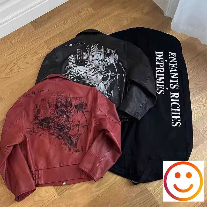 Leather Black Red ENFANTS RICHES DEPRIMES ERD Jackets Chest Embroidery Logo Men Women Zipper Oblique Pockets Coat with Dust Bag