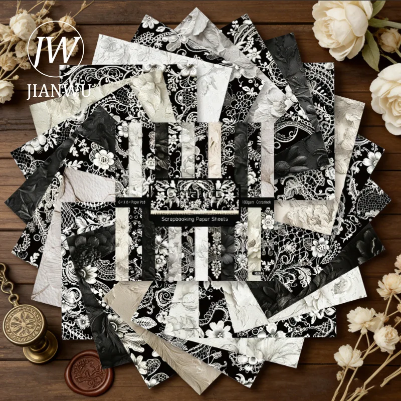 

JIANWU 24 Sheets Vintage Black Lace Flower Landscape Collage Scrapbooking Material Paper Creative DIY Junk Journal Stationery