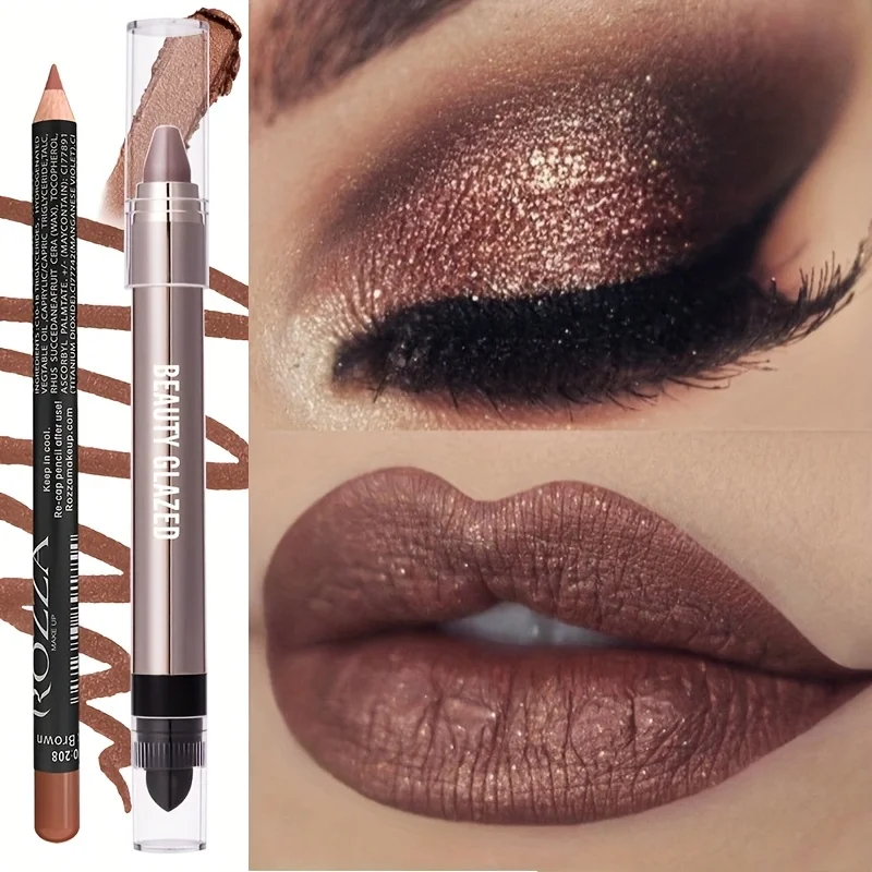 2pcs Set Metallic Lip Color Combo,Neutral Eyeshadow Stick,Waterproof Long-lasting,Shimmer Matte,Glitter Metallic Lip Gloss