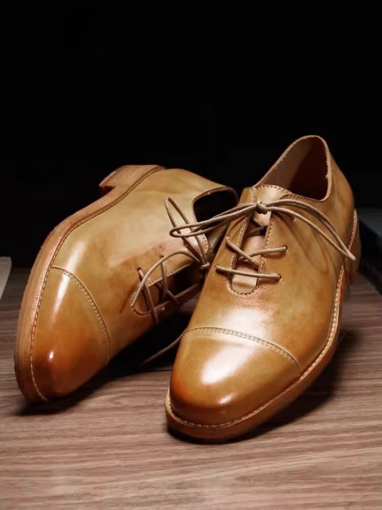 New Designer Business Men Work Cowhide Genuine Leather Oxfords Shoes Lace Up Round Toe Low Cut Formal Dress Shoes Vintage Shoes