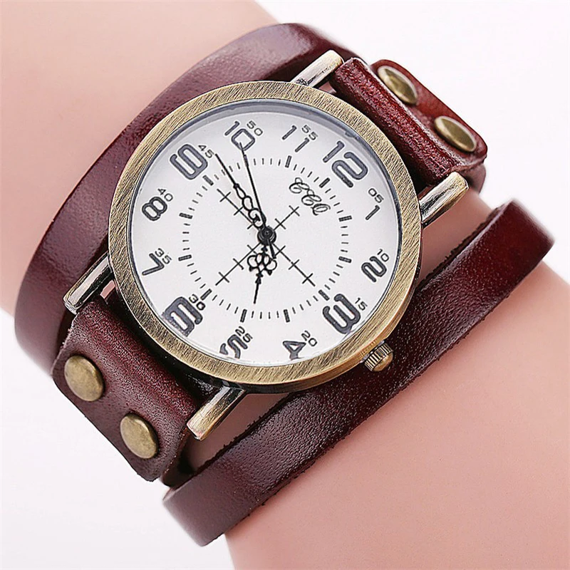 1pc Women\'s Watch Fashion Round Dial Retro Leather Strap Quartz Watch