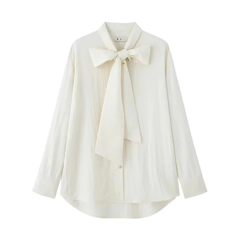 خمر التعادل قمصان النساء أنيقة القوس ضمادة البلوزات الصيف مكتب السيدات الكورية طويلة الأكمام واحدة الصدر تصميم بلايز عادية #6