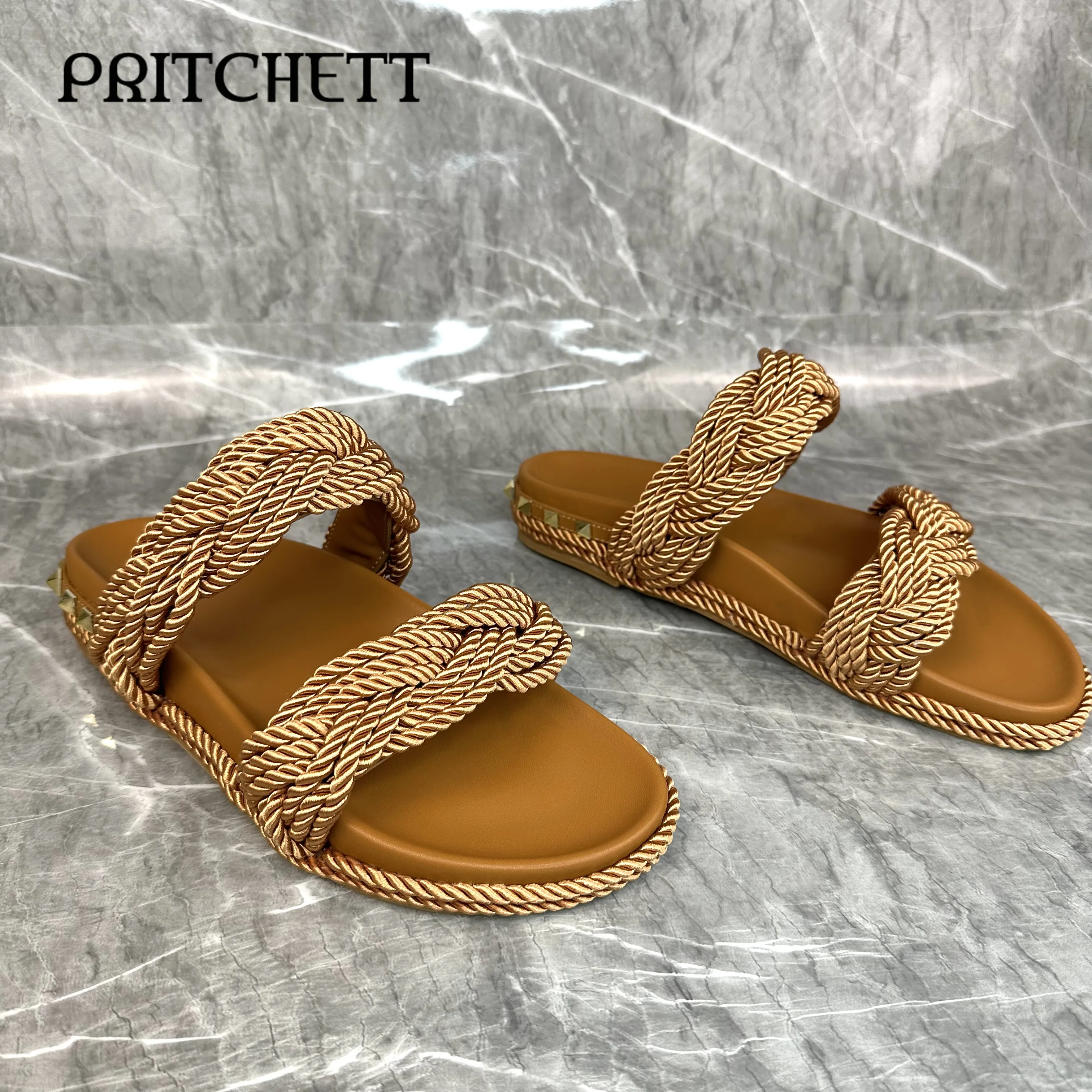 Brown Hemp Rope Cross Braided Slippers Round Toe Flat Heel Rivet Open Toe Slippers Beach Vacation Seaside Casual Women's Shoes