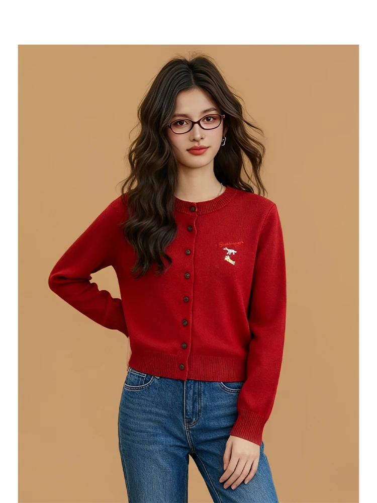 

Forever 2 Faionable Red Embroidered Dog Sweater Casual Sle Women's Knitwear Soft Gentle Wind Age Reduction Slimming Open...