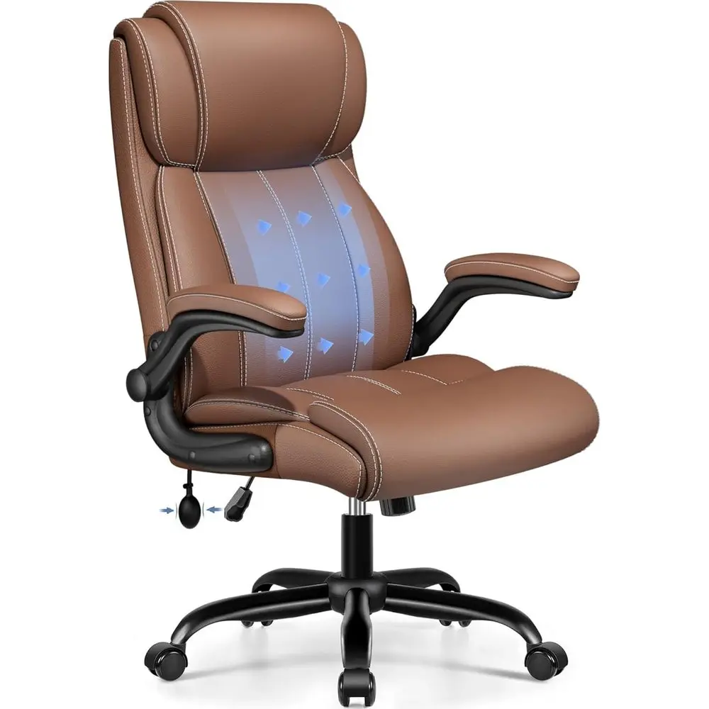 

Brown Leather High-Back Ergonomic Office Chair with Adjustable Lumbar Support and Padded Arms