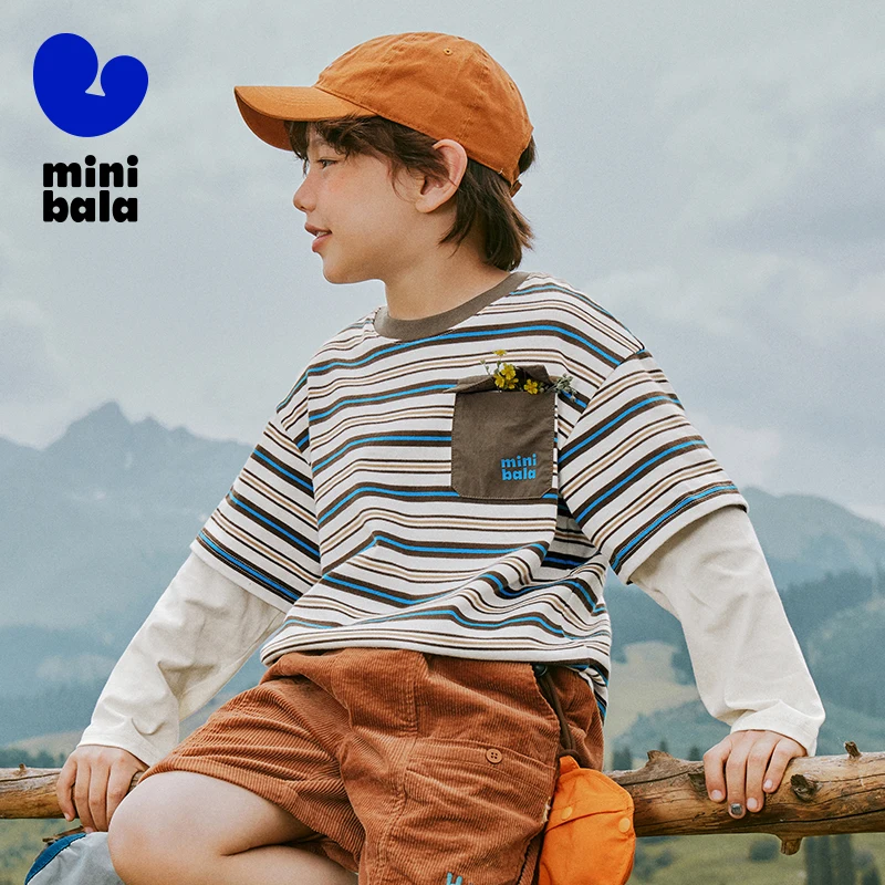 

Mini Bala Boys Long Sleeve T-Shirt 2025 Autumn New Two Layer Style Color Block Cotton Top