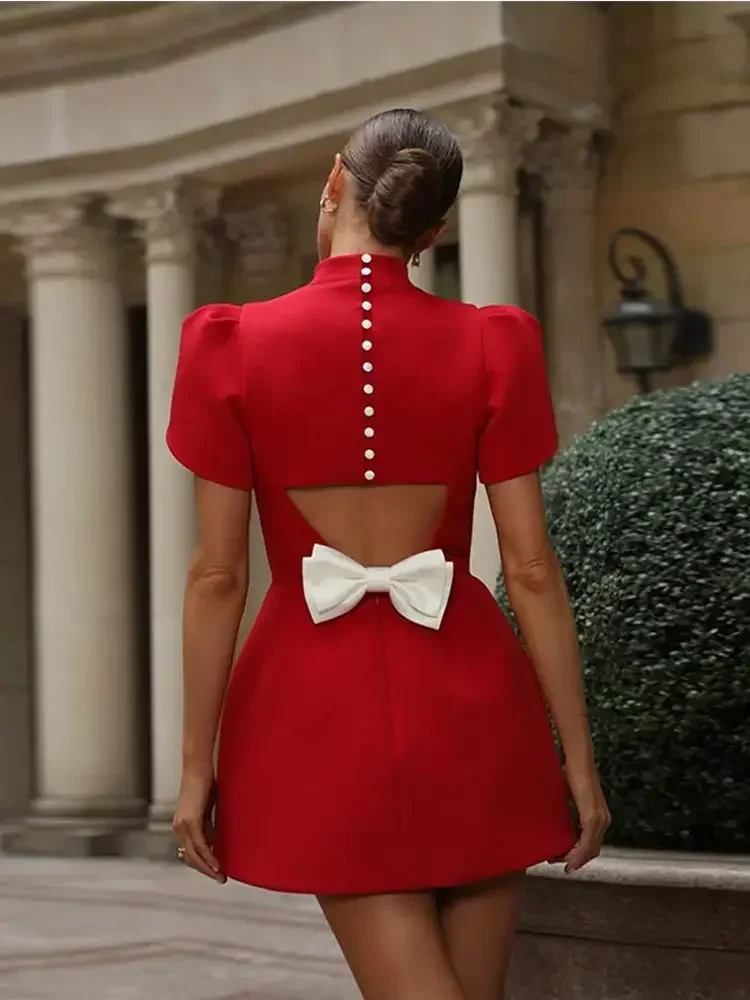 

Fashion Hollow Bow Red Mini Dress for Women Short Sleeve Pad Shoulder Dresses 2024 Summer Chic Elegant Female Evening Vestidos