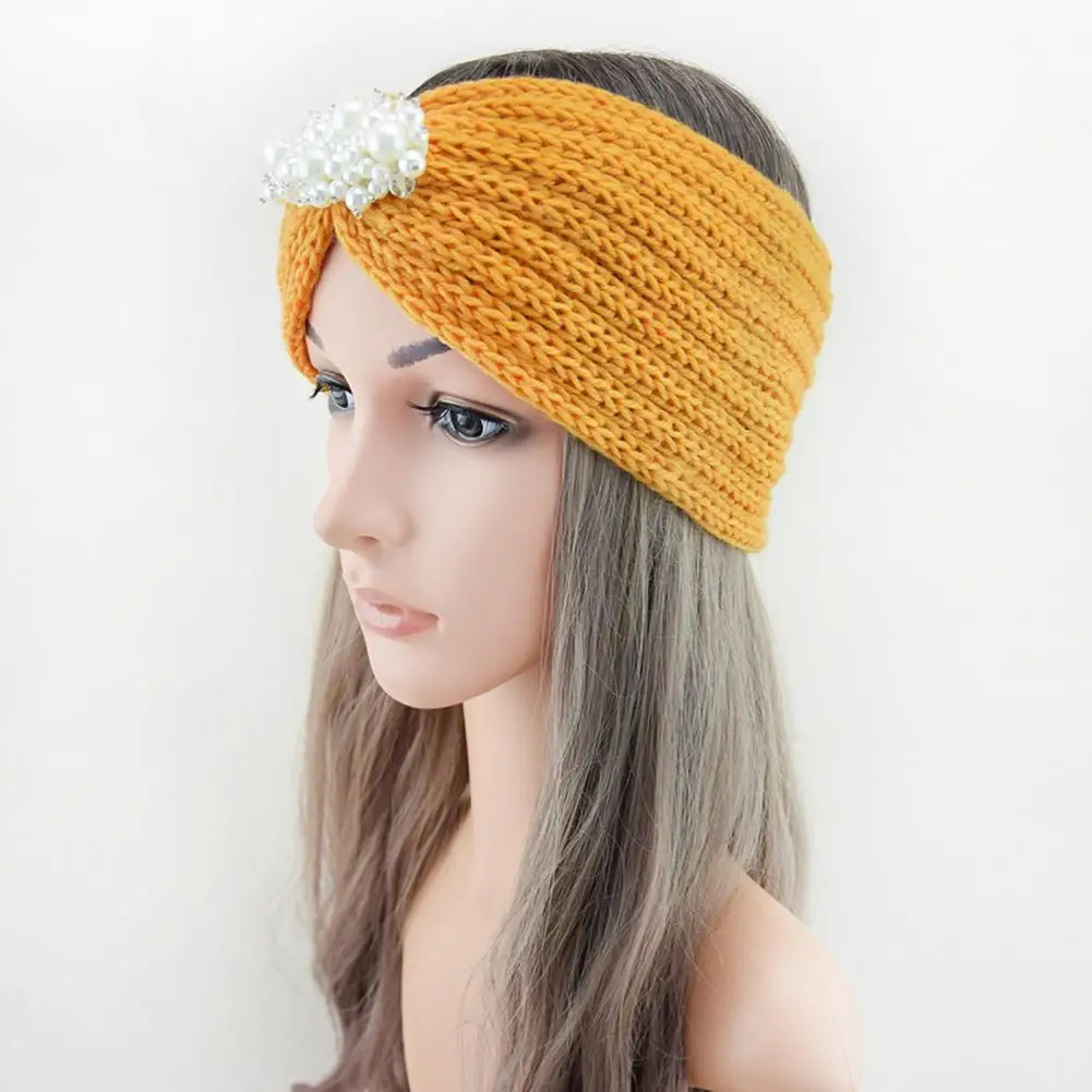 Lightweight Winter Hairband Knitted Headband with Faux Pearl Accents Soft Stretchy Wide Hairband Solid Color Winter for Women