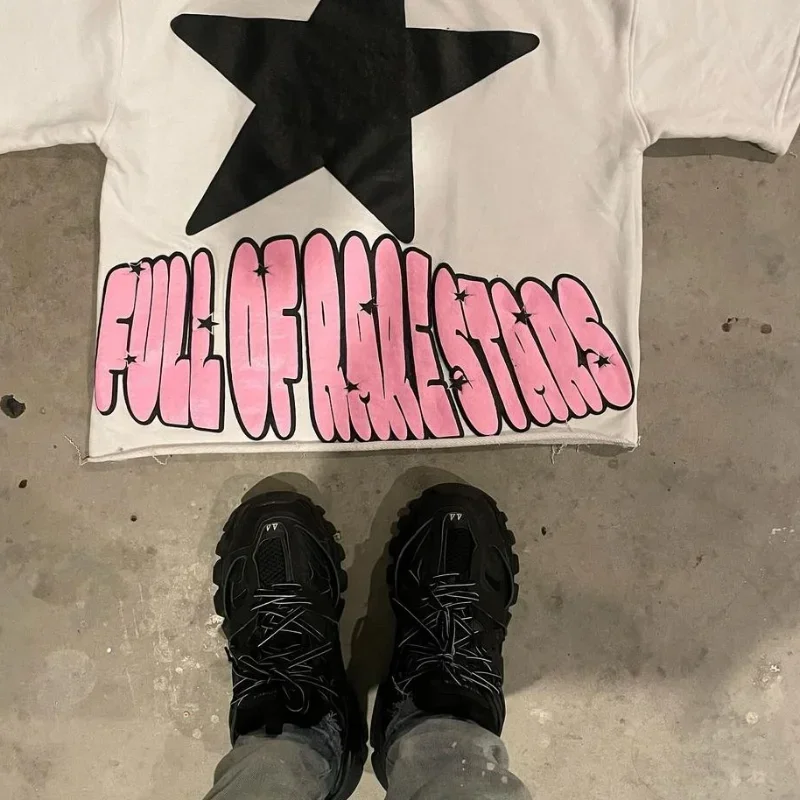 تي شيرت مطبوع بنقشة نجمة وردية عالية الشارع للرجال ، توب جرافيك كبير الحجم ، ملابس Y2K ، أكمام قصيرة ، ملابس هراجوكو