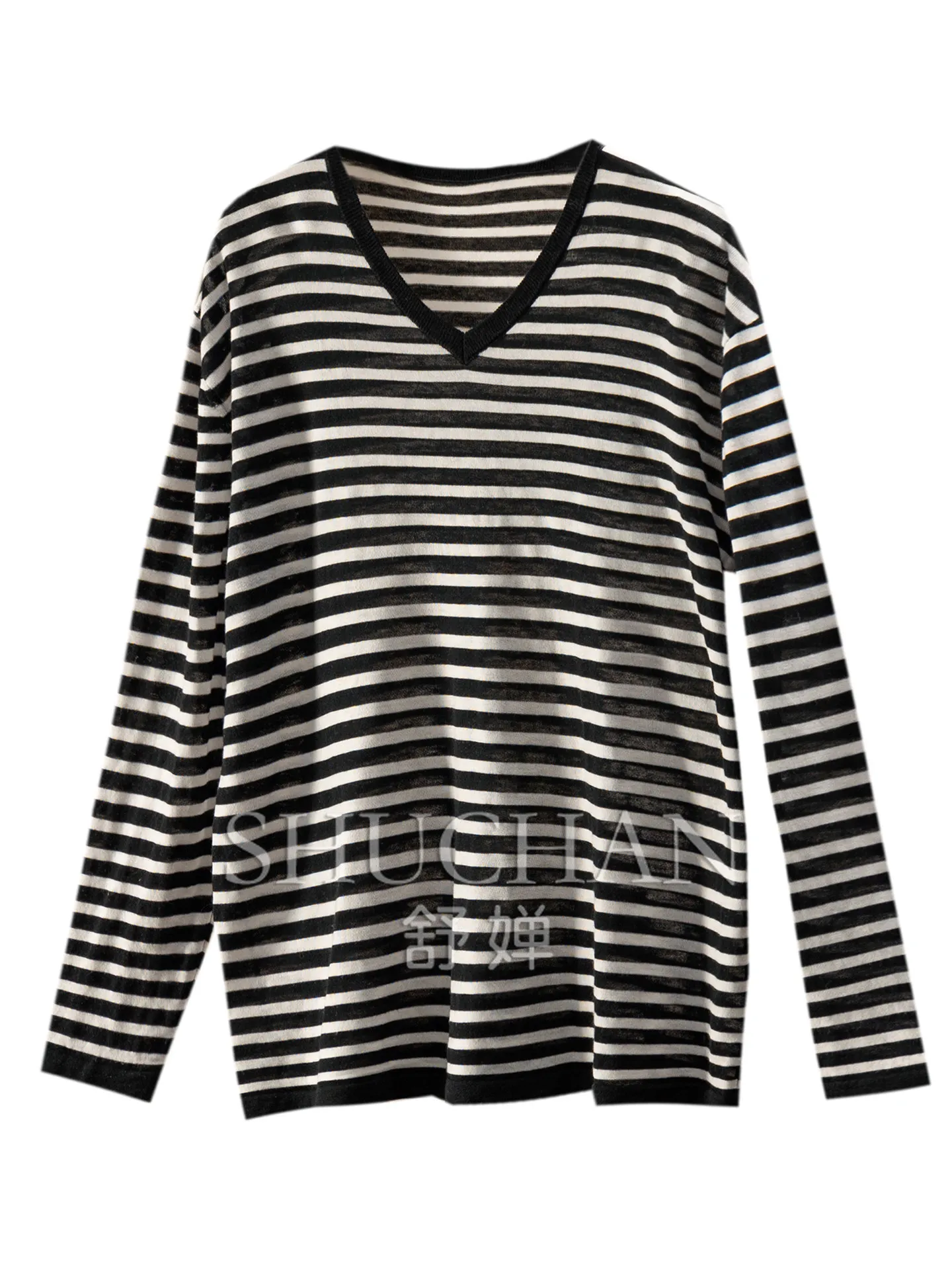 Striped Pullover Loose Water-soluble 100% Striped Wool Knitted Sweater for Women 92M1 Sueters De Mujer