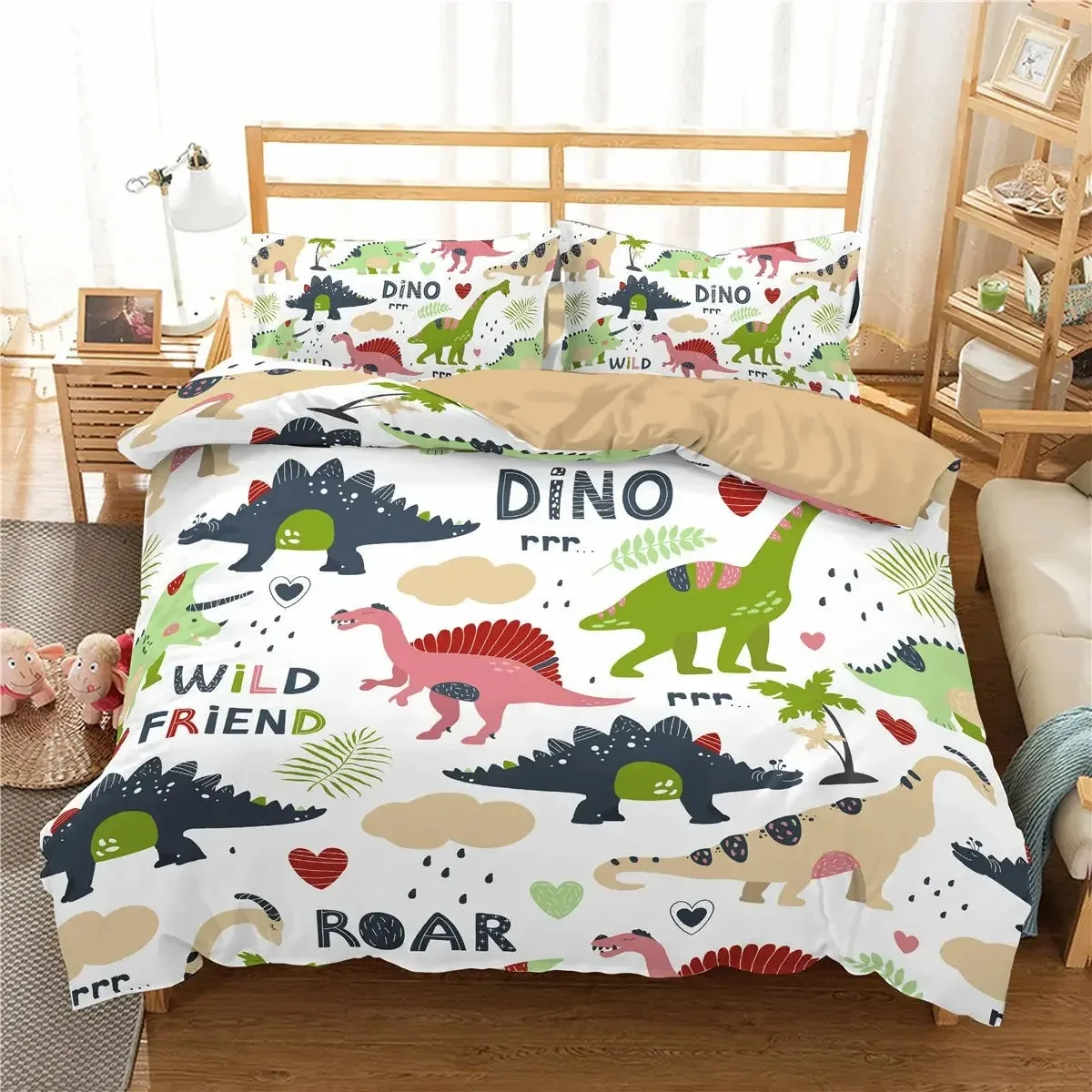 Cute Dinosaur Duvet Cover Kids 3D Cartoon Animal Bedding Set Full Queen Microfiber Quilt Cover For Boy Girl Child Bedroom Decor