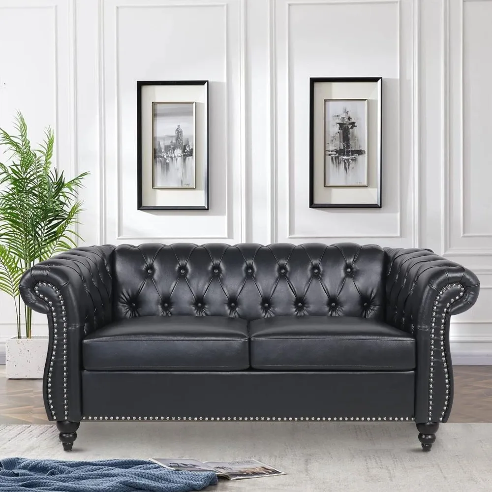 

Leather Sofa with 2 Seats, Modern Upholstered Tufted Couch with Rolled Arms and Nailheads, Living Room Sofa