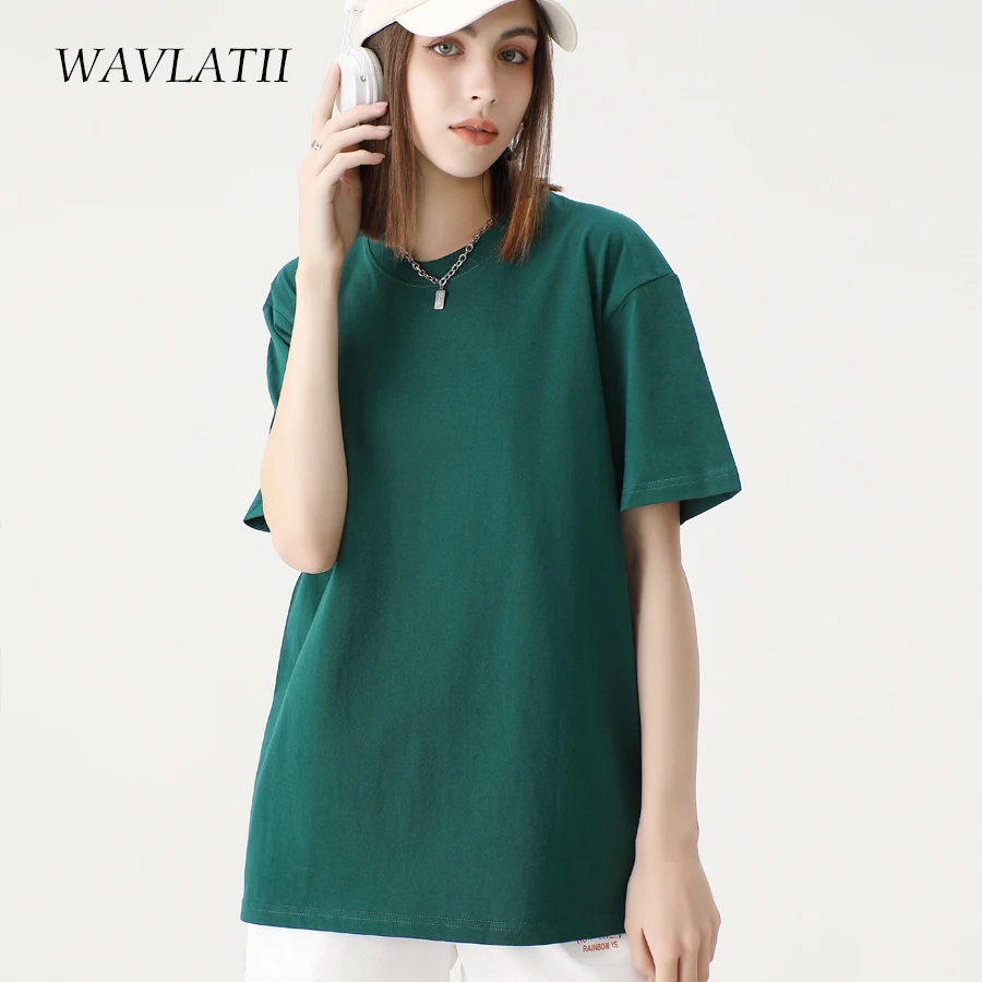 WAVLATII New 100% Cotton Casual T shirts for Women Female 200 GSM Oversized Soft Tees Unisex Short Sleeve Summer Tops WT2401